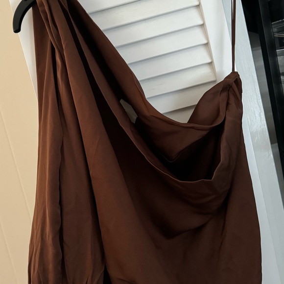 Chocolate satin midi dress. Off shoulder.  Midi length. Never once. - Picture 5 of 10